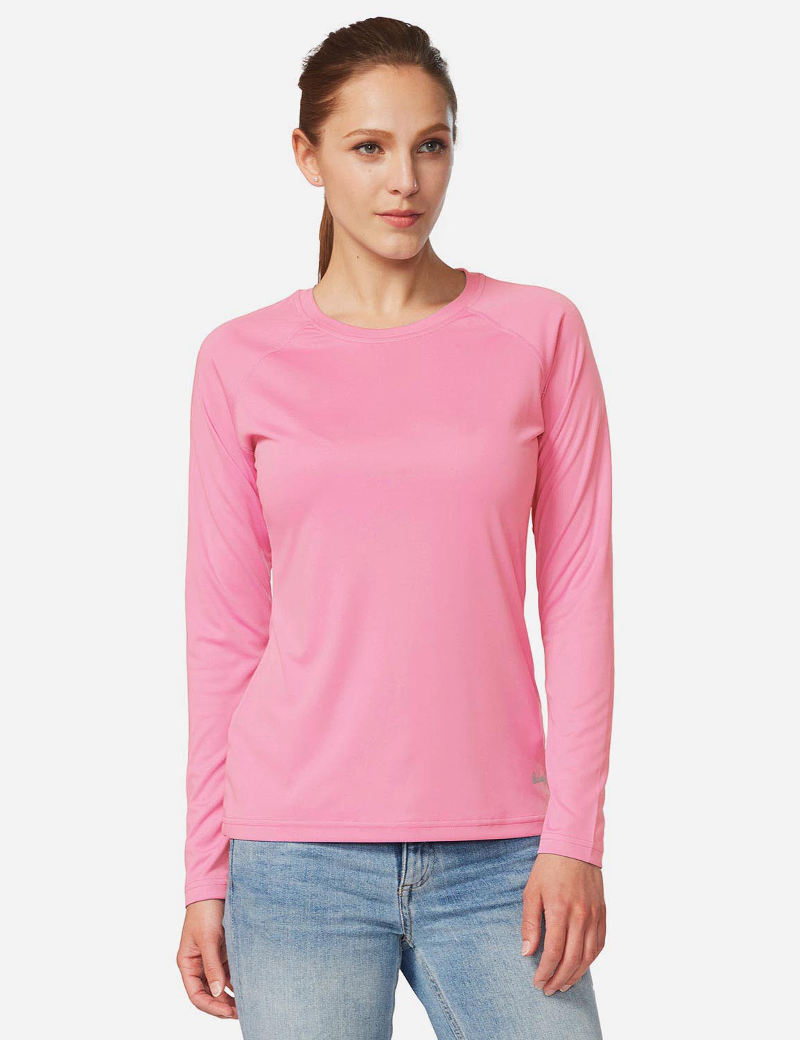 Baleaf Women's UPF50+ Loose Fit Crew Neck Casual Long Sleeved Shirt aga001 Peach Pink Front