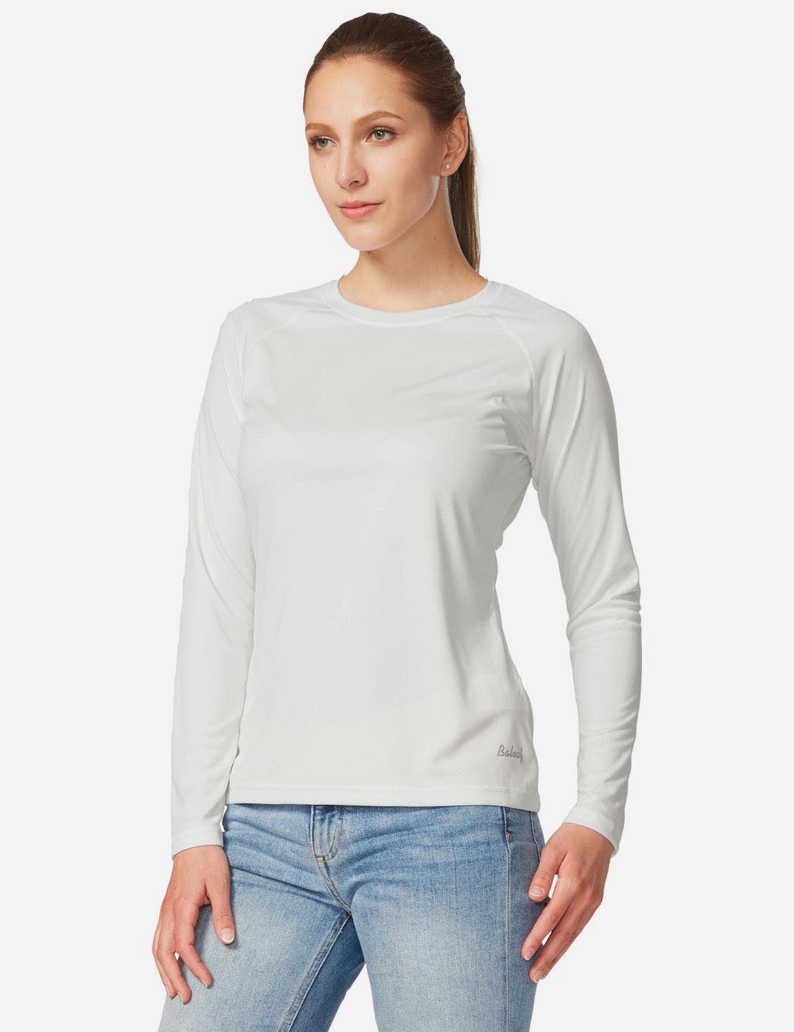 Baleaf Women's UPF50+ Loose Fit Crew Neck Casual Long Sleeved Shirt aga001 White Side